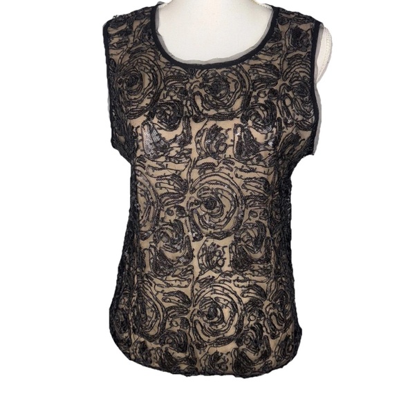 Max Studio Tops - Black Mesh Fringe Textured Sequin Medium Blouse Top Evening Wear Y2K Whimsigoth